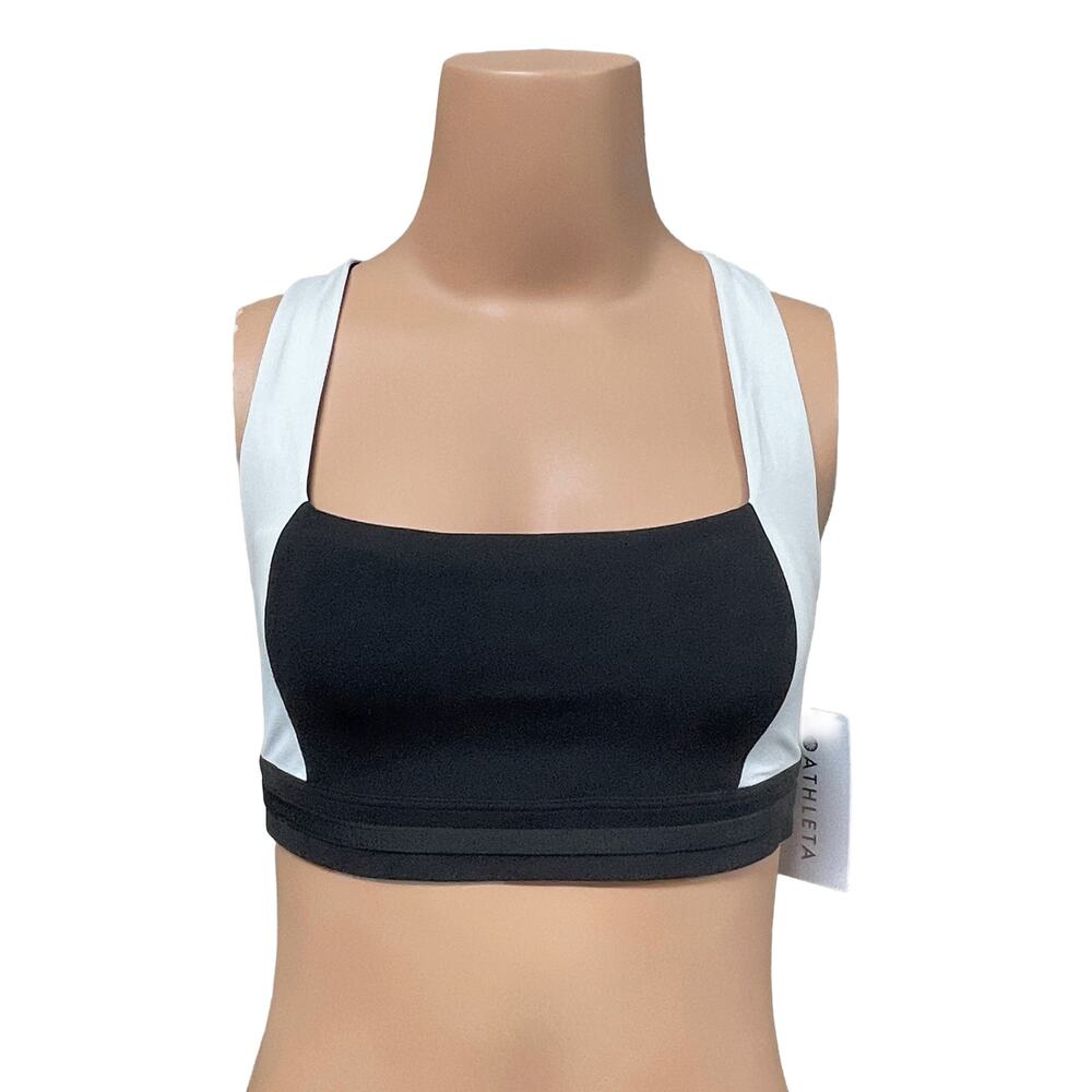 Athleta High Tone Sports Bra A-C Sz S New $59 Black Bright White Low Impact Pads